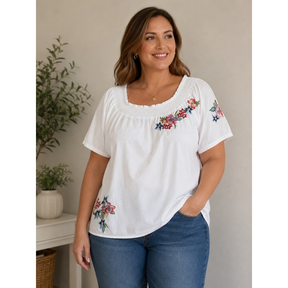 Talbots Blouse Womens XL Cotton White Floral Embroidered Smocked Neck Short Slee
